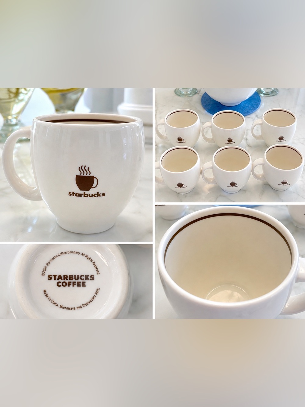 Vintage Starbucks 2004 Steaming Cup Logo Mugs – Set of 6 – Brown & White